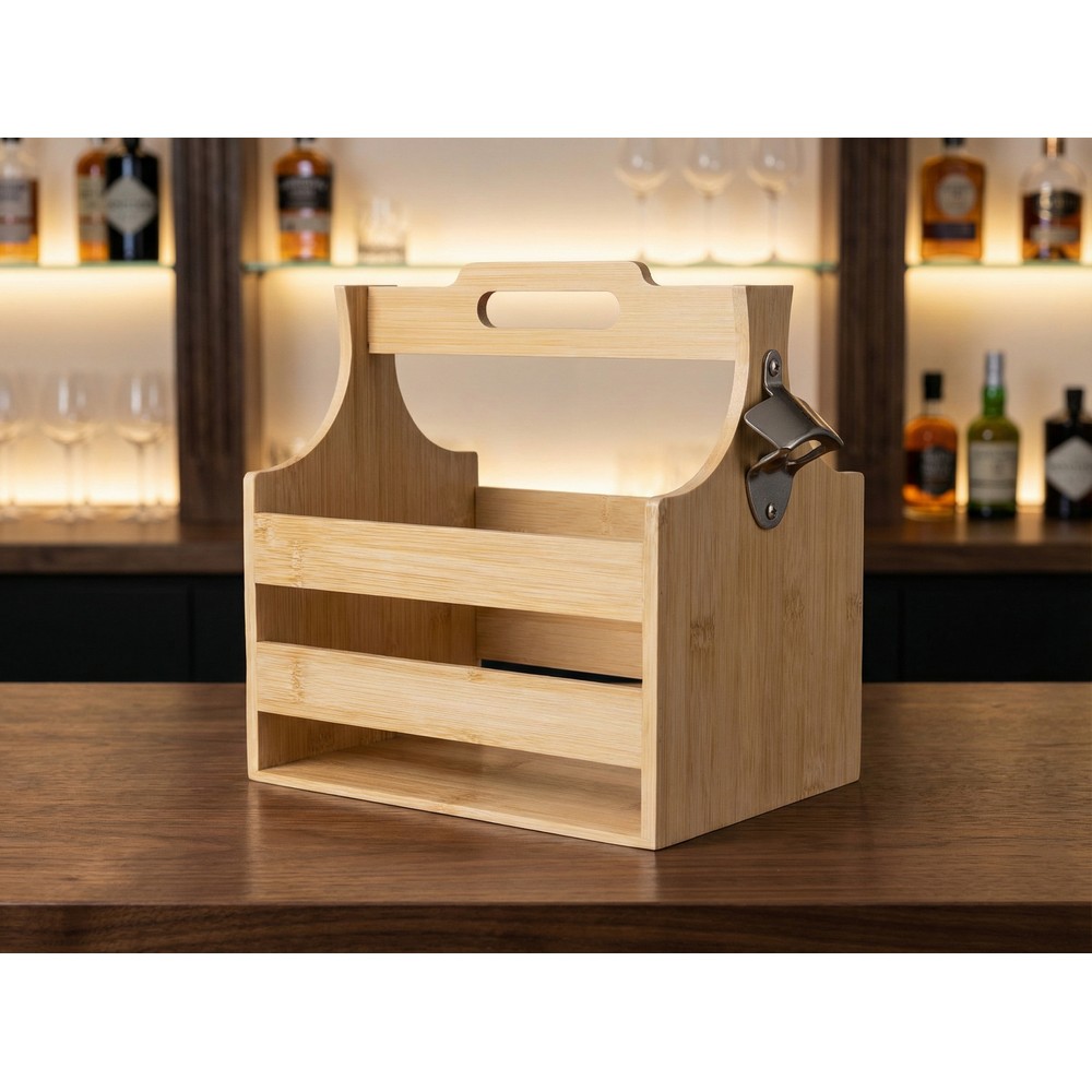 Skrzynka na butelki z nadrukiem Twojego logo, materiał: metal, bambus, kolor: brązowy Skrzynka na butelki z nadrukiem Twojego logo, materiał: metal, bambus, kolor: brązowy