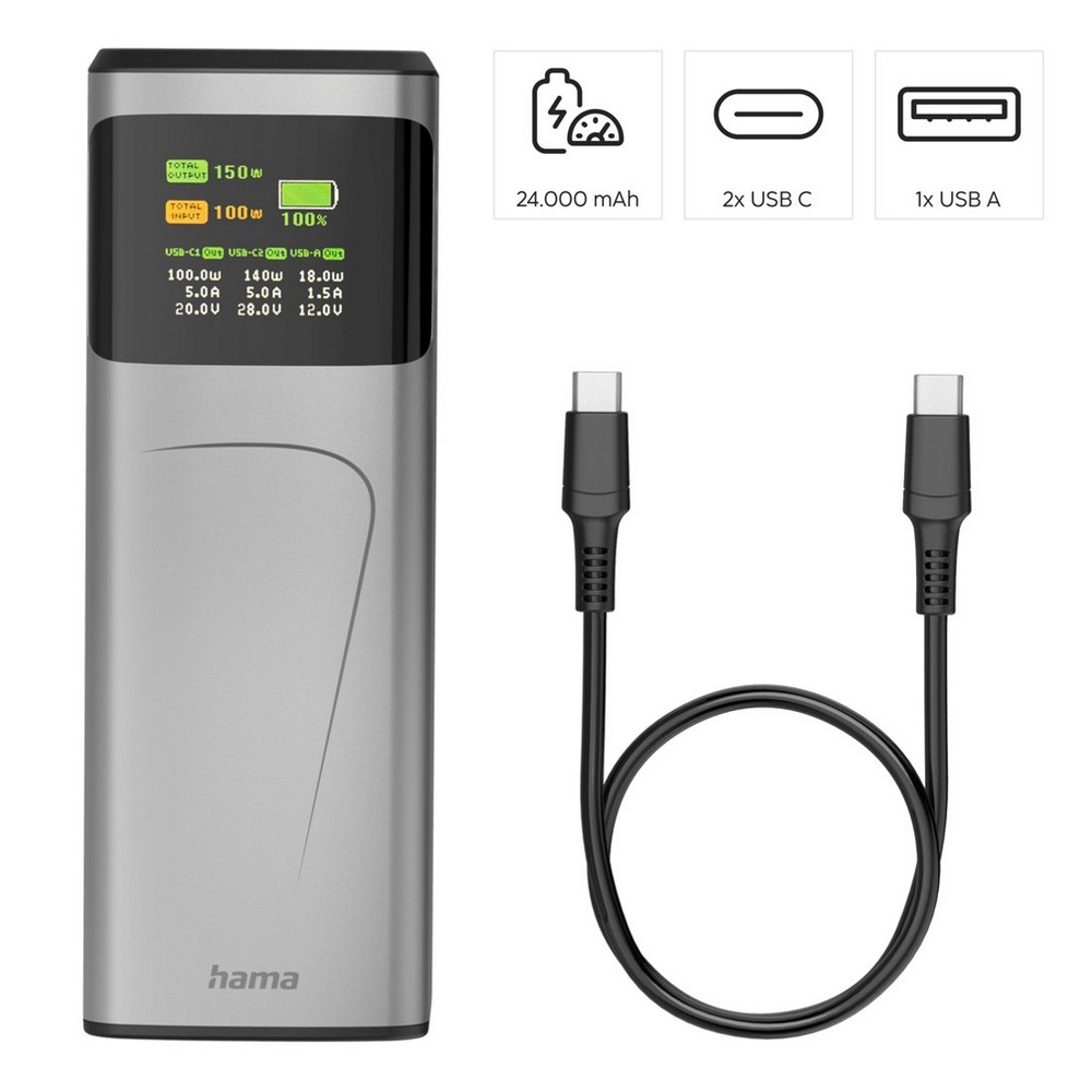 Power bank 24000 mAh Hama High Power 150W z nadrukiem Twojego logo, materiał: plastik, kolor: grafitowy Power bank 24000 mAh Hama High Power 150W z nadrukiem Twojego logo, materiał: plastik, kolor: grafitowy
