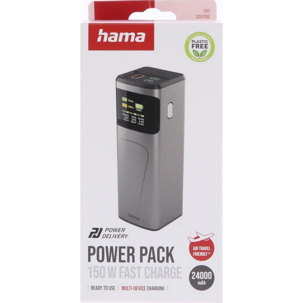 Power bank 24000 mAh Hama High Power 150W z nadrukiem Twojego logo, materiał: plastik, kolor: grafitowy Power bank 24000 mAh Hama High Power 150W z nadrukiem Twojego logo, materiał: plastik, kolor: grafitowy