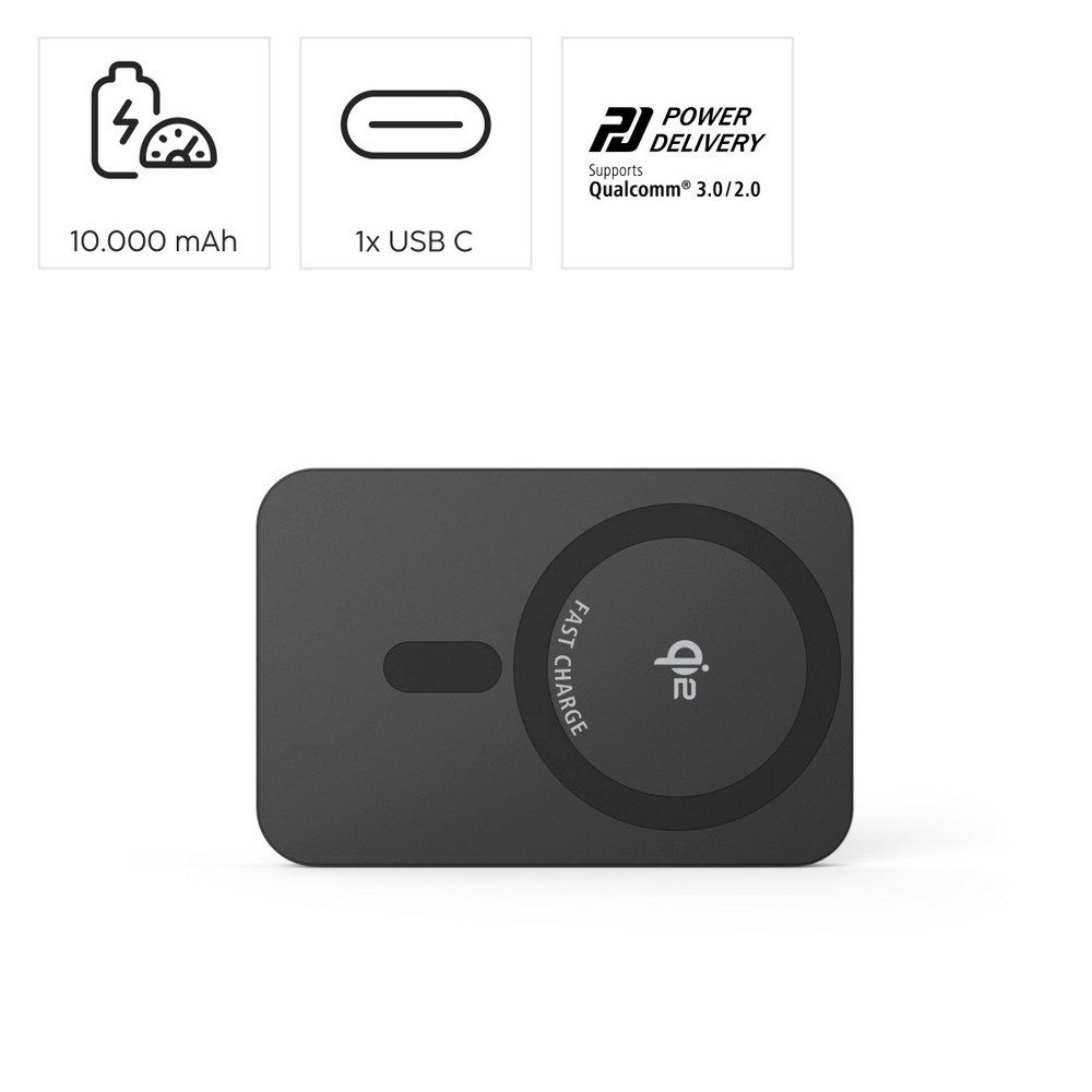 Magnetyczny power bank 10000 mAh Hama z nadrukiem Twojego logo, materiał: aluminium, kolor: czarny Magnetyczny power bank 10000 mAh Hama z nadrukiem Twojego logo, materiał: aluminium, kolor: czarny
