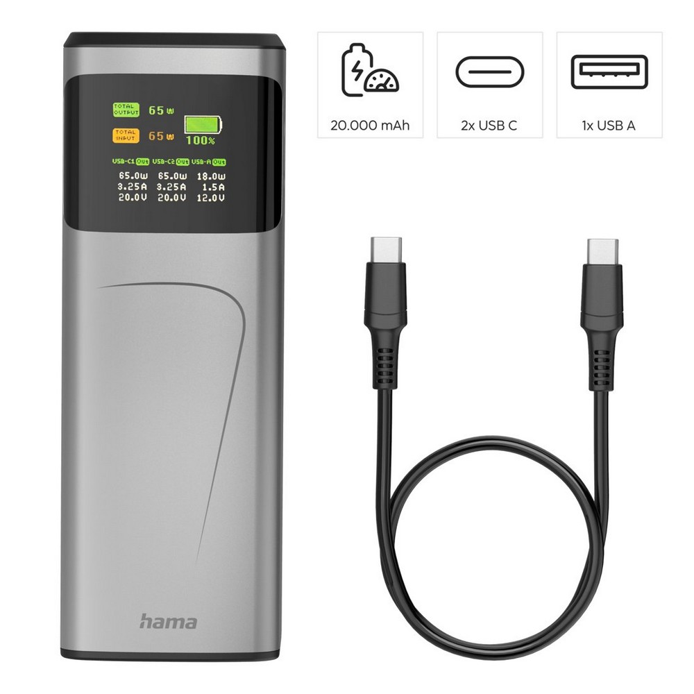Power bank 20000 mAh Hama High Power 65W z nadrukiem Twojego logo, materiał: plastik, kolor: grafitowy Power bank 20000 mAh Hama High Power 65W z nadrukiem Twojego logo, materiał: plastik, kolor: grafitowy