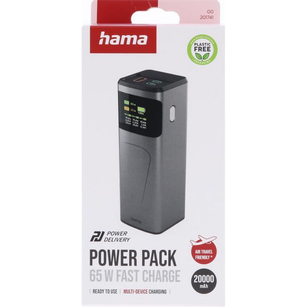 Power bank 20000 mAh Hama High Power 65W z nadrukiem Twojego logo, materiał: plastik, kolor: grafitowy Power bank 20000 mAh Hama High Power 65W z nadrukiem Twojego logo, materiał: plastik, kolor: grafitowy