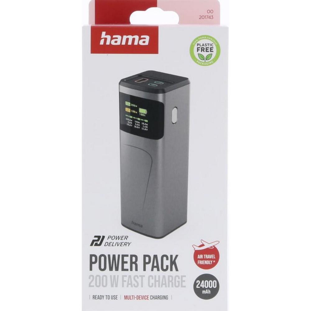 Power bank 24000 mAh Hama High Power 200W z nadrukiem Twojego logo, materiał: plastik, kolor: grafitowy Power bank 24000 mAh Hama High Power 200W z nadrukiem Twojego logo, materiał: plastik, kolor: grafitowy
